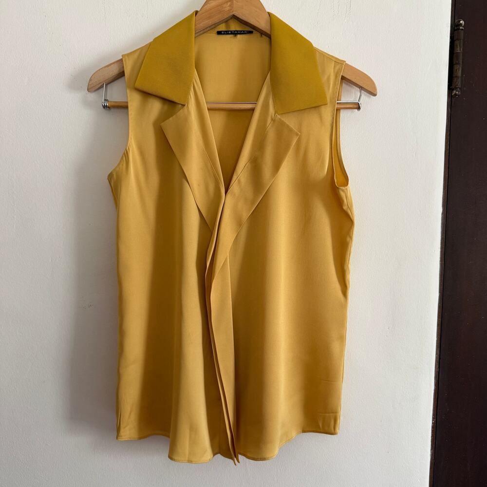 ELIE Tahari | Mustard Yellow Silk Grosgrain Collared Popover Blouse | Small